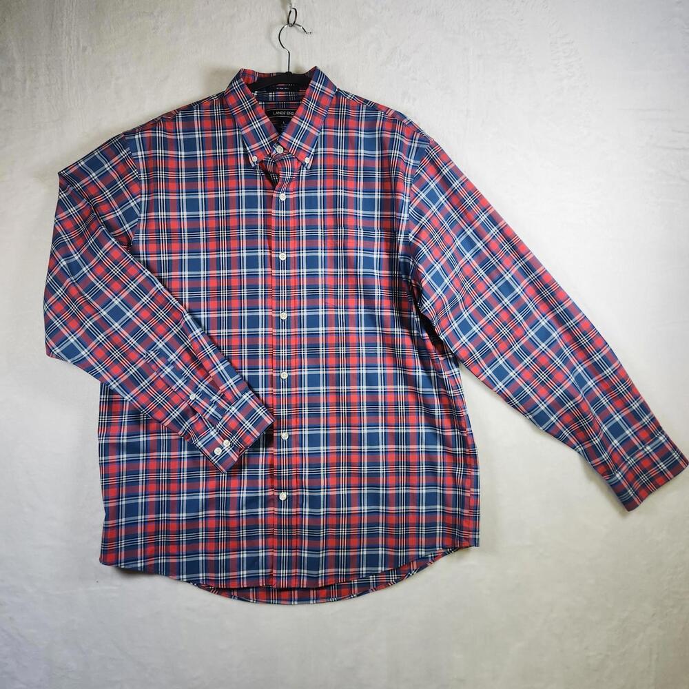 Lands End Traditional Fit Plaid Long Sleeve Button Up Shirt Red Blue Size Large